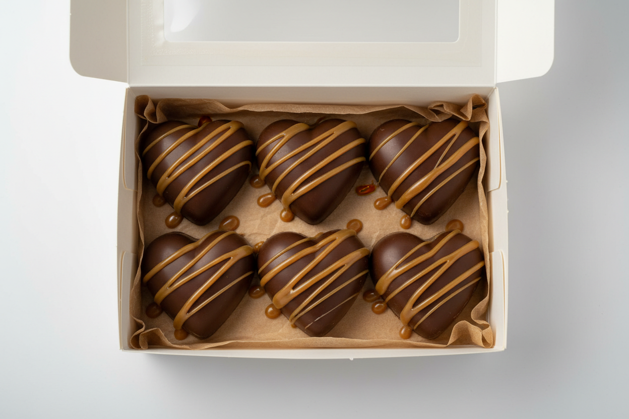 plain white bakery box lined with brown parchment paper with 6 milk chocolate heart shaped candies with caramel drizzled